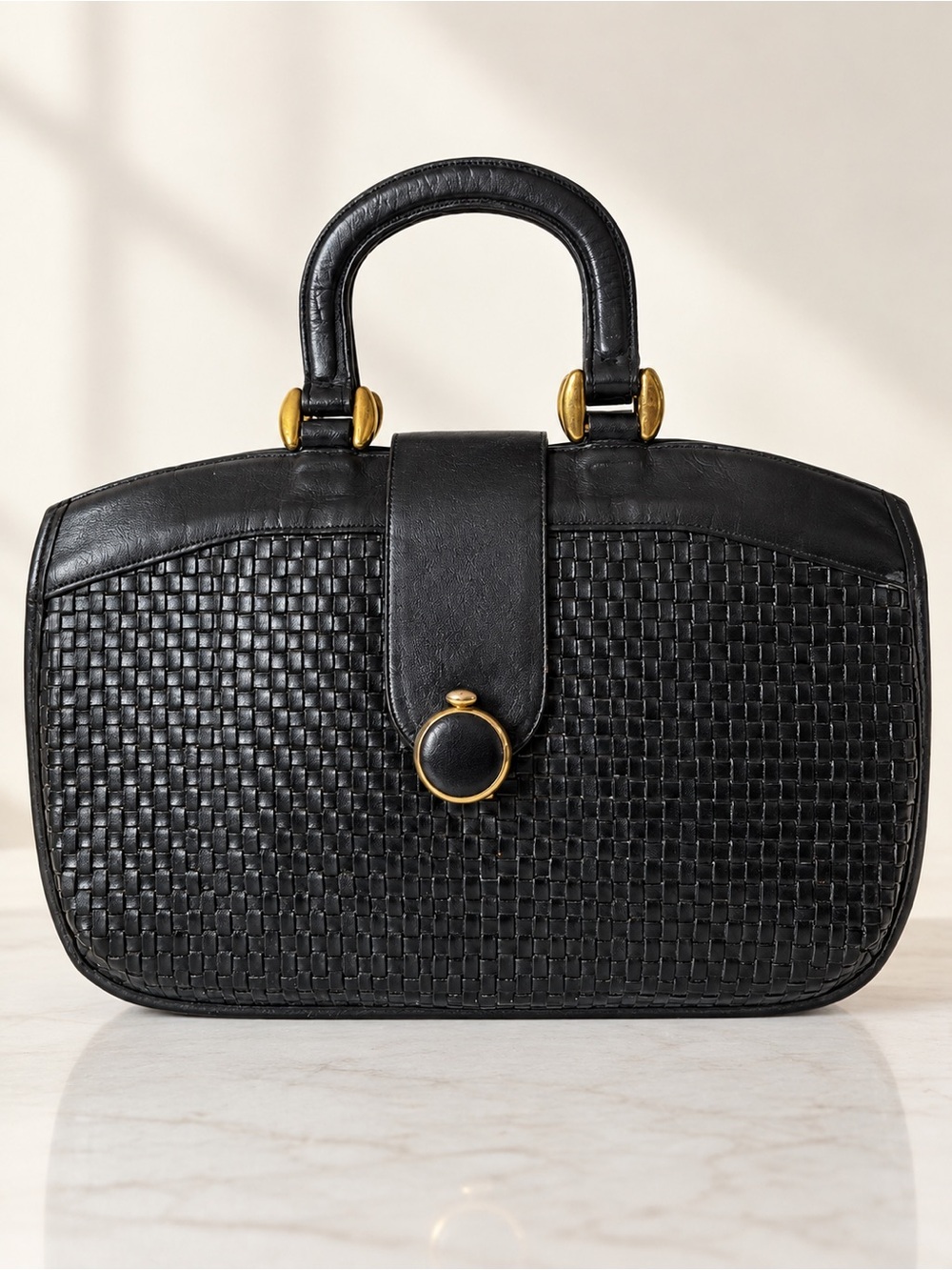 Vintage Lisette Black Structured Top Handle Woven Leather Handbag